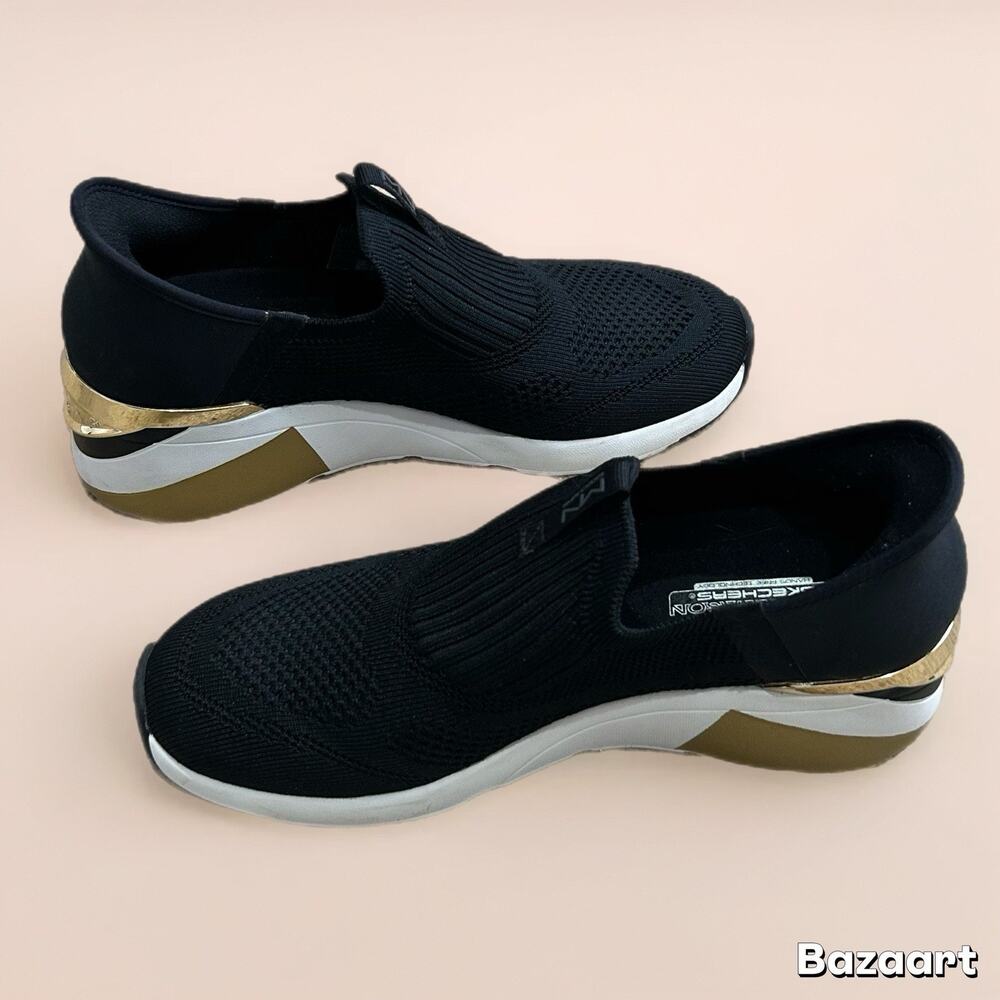 Mark Nason Skechers Slip‑Ins Women’s 9.5 M Black Gold Wedge Sneakers Preowned - Picture 3 of 7